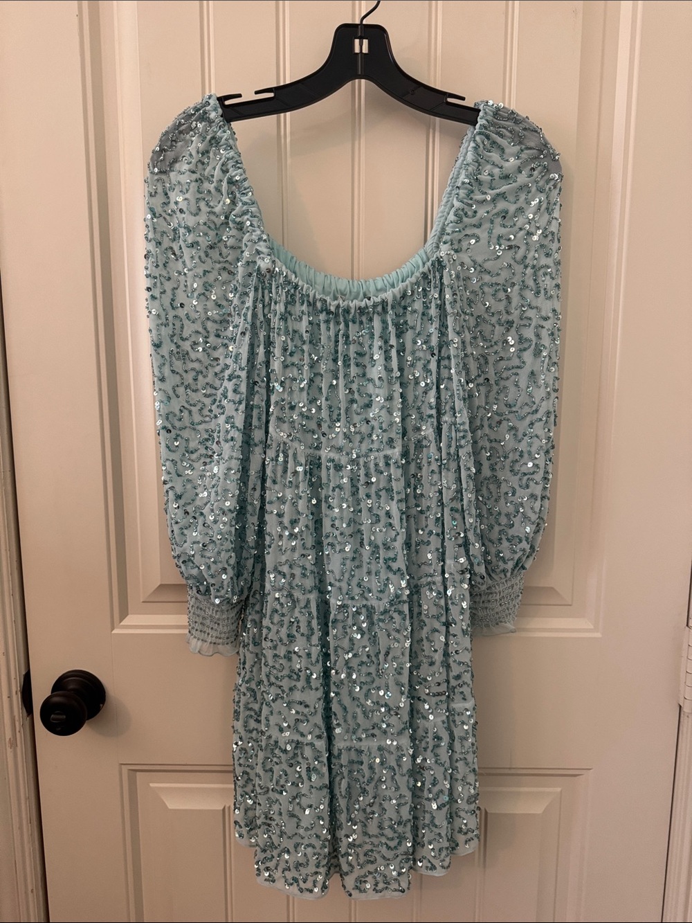 Alice + Olivia Light Aqua Sequin Puff-Sleeve Mini Dress